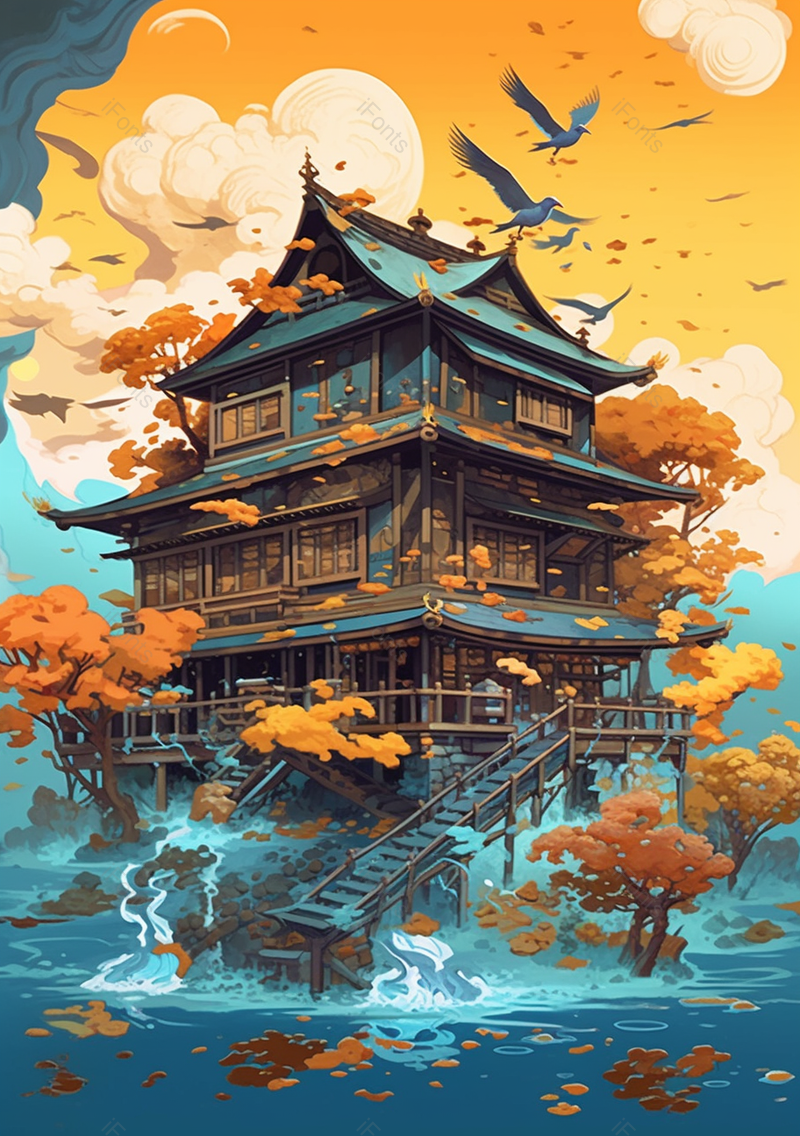 国潮风中式建筑水上楼阁房屋上空群鸟飞过,插画/手绘图,插画/手绘图库,插画/手绘图下载,插画/手绘